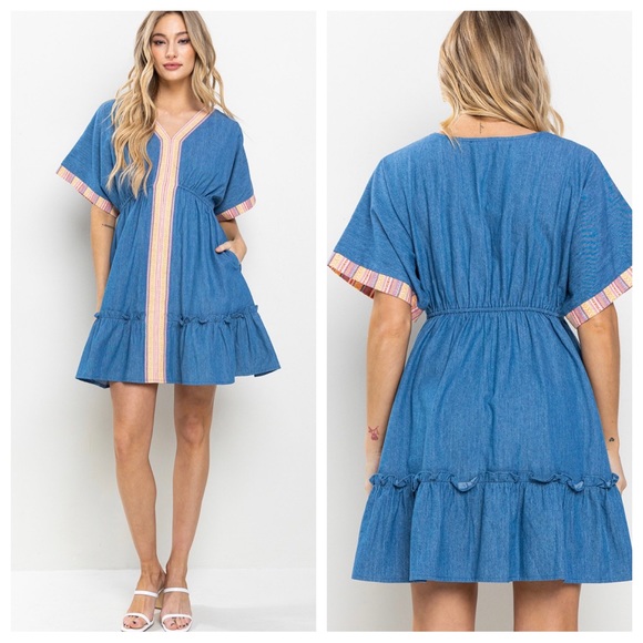 20 Boho Contrast Denim Shirring Detailed Tiered Dress - Picture 3 of 5